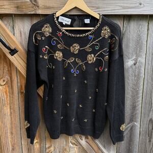 Silvercord Vintage Black Knit Sweater with Gold and Jewel Tones Med